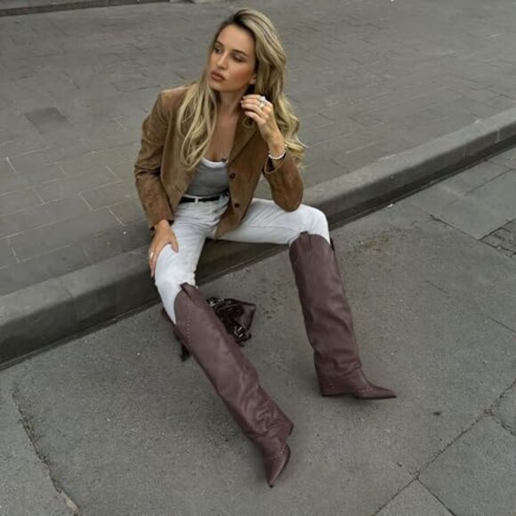 Women's Knee High Boots 3.7 Inch Heel Studded Fold Over Vegan Leather - Picture 4 of 7